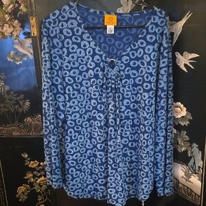 Blue V-neck Long Sleeve Blouse with Tie Front and Relaxed Fit